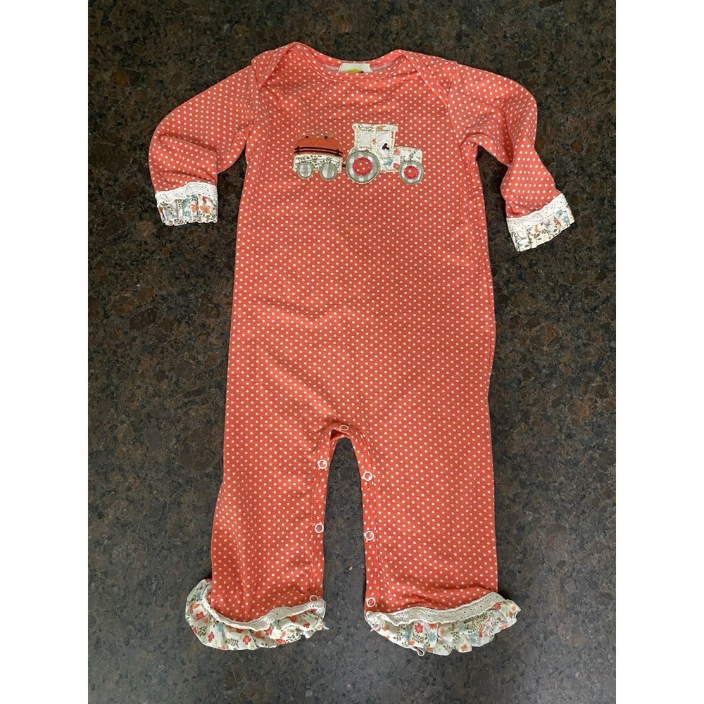Abielle Girls Polka Dot Tractor Pumpkins Baby‎ Romper Ruffles 9 Months Orange